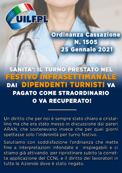 Sanità: turno prestato nei festivi infrasettimanali