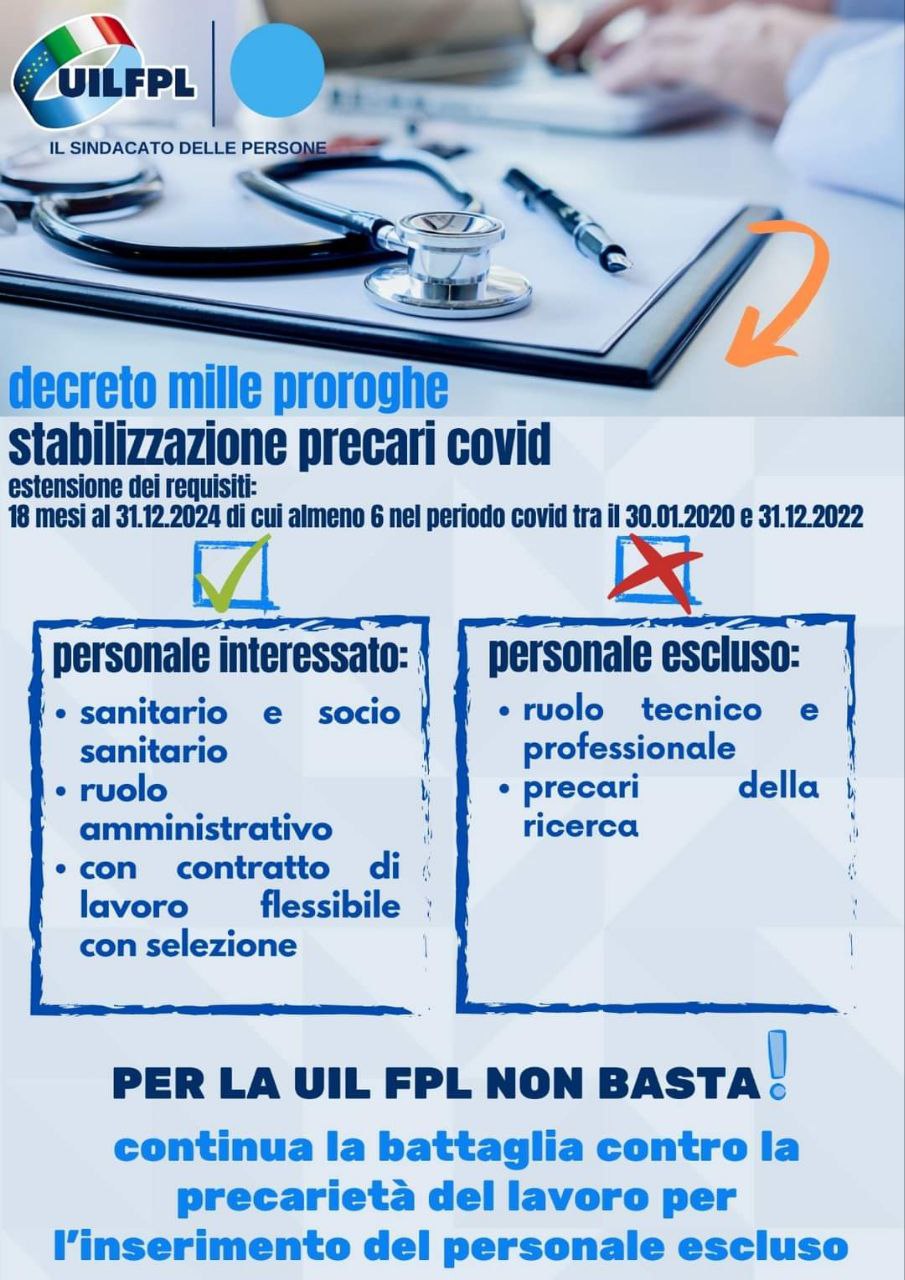Sanità . Proietti (Uil-Fpl): Grave esclusione lavoratori ruolo tecnico e professionale e i precari della ricerca dall’estensione del periodo utile alla stabilizzazione del personale precario Covid.