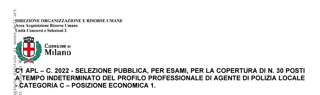 COMUNE DI MILANO – SELEZIONE PUBBLICA, PER ESAMI, PER LA COPERTURA DI N. 30 POSTI A TEMPO INDETERMINATO DI AGENTE DI POLIZIA LOCALE – CATEGORIA C – POSIZIONE ECONOMICA 1.