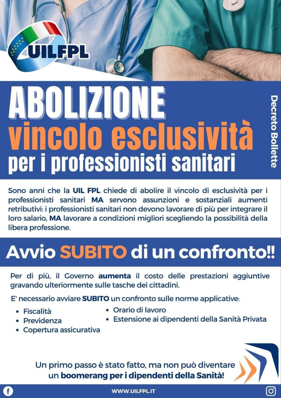 DECRETO BOLLETTE: ABOLIZIONE vincolo di esclusività per i professionisti sanitari.