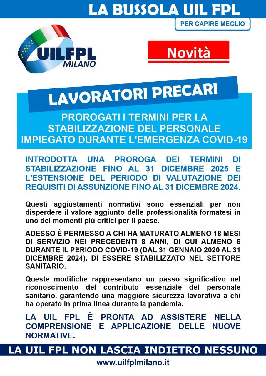 🔵 LAVORATORI PRECARI: PROROGATI I TERMINI PER LA STABILIZZAZIONE DEL PERSONALE IMPIEGATO DURANTE L’EMERGENZA COVID-19.